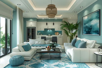 Stylish contemporary design of modern apartment living room in light blue colors 