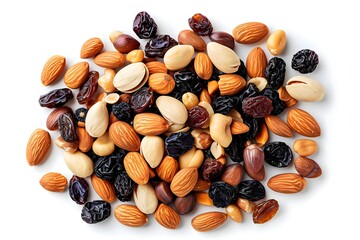 
Mixed Dried fruit and nuts trail mix with almonds, raisins, seeds isolated on white background, top view, copy space 