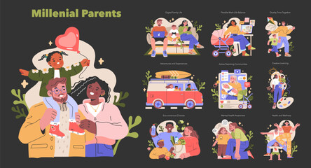 Millennial Parents set. Vector illustration.