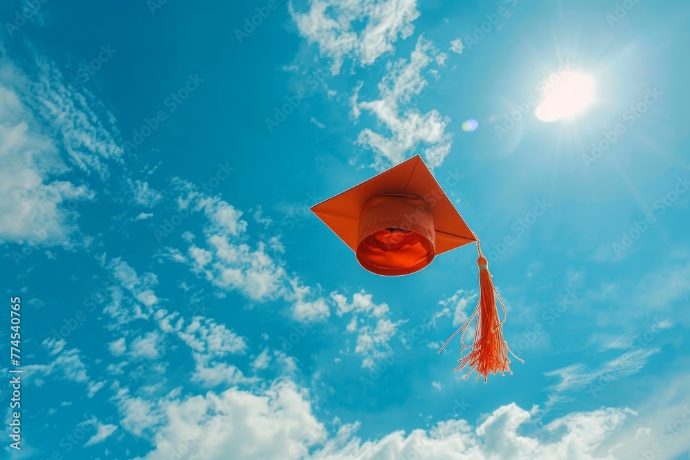 Wall mural a red graduation cap is flying in the sky