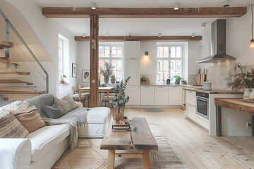 Stylish contemporary design of modern apartment in Scandinavian style white and wood colors 
