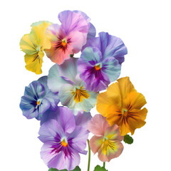 Many different colored pansies in a vase on a transparent
