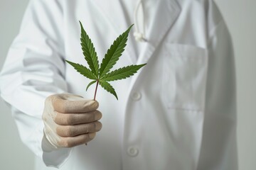 A doctor holding a marijuana leaf