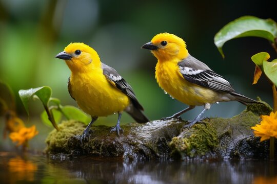 Two yellow birds standing on a rock in a pond