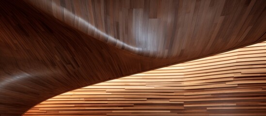 A room features a wooden ceiling with curved walls and a curved ceiling creating a unique architectural design