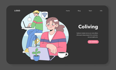 Co-living web banner or landing page night or dark mode. - 774541166