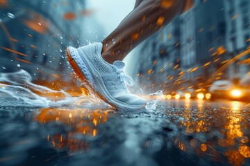 A person running in the rain with their feet splashing water. Running in an urban environment in any weather - obrazy, fototapety, plakaty