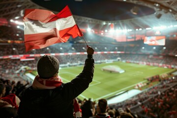 A man holding a flag in a stadium full of people. Football spectator supports the team
