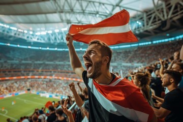 A man is holding a red and white flag in a stadium full of people. Football fan supporting the team