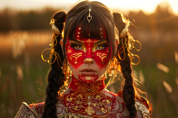 30-year-old woman wearing red warrior full-face without details in style of Facepaint with two high-pony-tails, hair bangs, brunette, gold hair braid jewelry, outside, golden hour, natural lighting  - obrazy, fototapety, plakaty