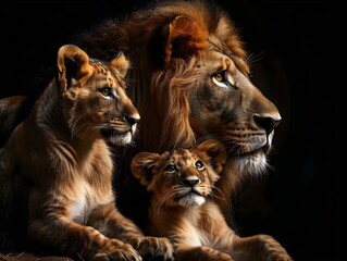 Lion family, real animals, realistic, animal king, black background, studio lighting, wild animal,...