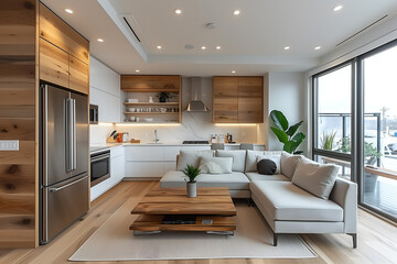 Fototapeta premium Stylish contemporary design of modern apartment in Scandinavian style white and wood colors 