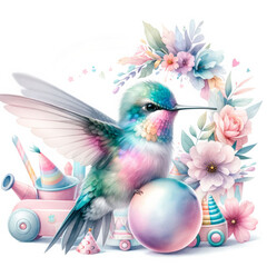 A watercolor illustration of a hummingbird surrounded by pastel toys, styled as 'Happy Birthday' clipart on a white background, perfect for a delicate and dynamic celebration.