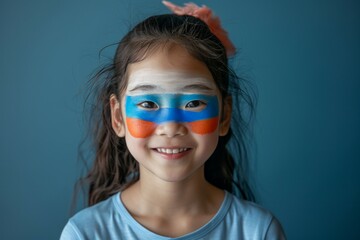 A young girl with blue, red and orange face paint on her face. Football fan with makeup