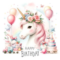A watercolor unicorn with a floral sphere overhead, looking at the camera, surrounded by pastel toys, presented as 'Happy Birthday' clipart on a white background, evokes a magical celebration mood.