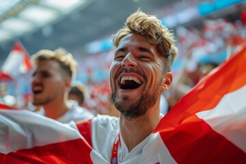 A man is holding a red and white flag and smiling. Football fans at the football championship