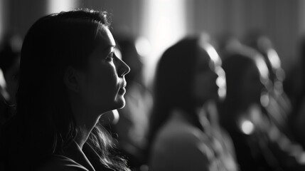 A black and white shot capturing a group of people gathered together, attentively listening to a speaker - obrazy, fototapety, plakaty