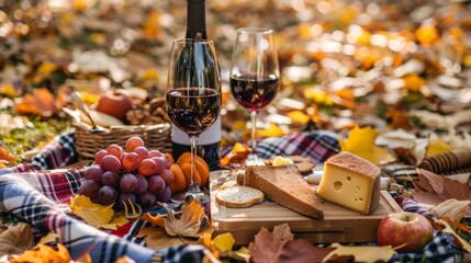 A scene of two glasses of wine and cheese arranged on a blanket, ready for an autumn picnic