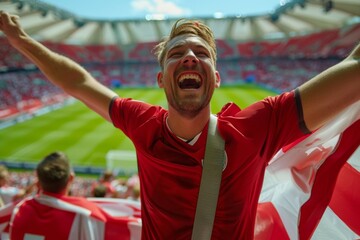 A man in a red shirt is holding a flag and smiling. Football fans or spectators at the football...