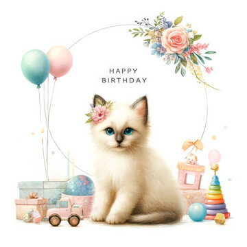 A watercolor Siamese kitten, with a floral sphere overhead, looks at the camera, encircled by pastel children's toys, in a 'Happy Birthday' clipart on a white background, perfect for heartfelt wishes.