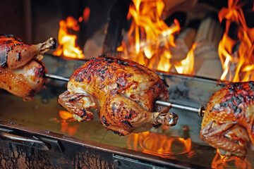 Rotating Elegance: Rotisserie Chicken with Crispy Skin and Juicy Interior in a Traditional Iron Roaster - Flame Reflections Highlight the Warmth and Allure of the Dish