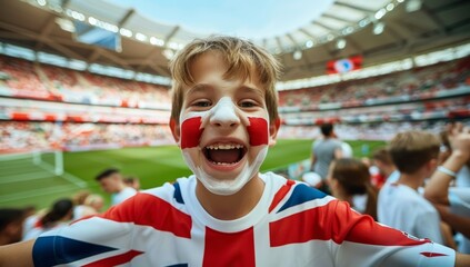 Boy wearing a British jersey is smiling and posing for a picture. Football fan at the European Football Championship