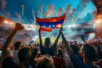 A crowd of people are cheering at a stadium, holding up a flag. Football fans at the European Football Cup - obrazy, fototapety, plakaty