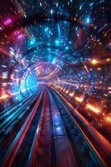 Fototapeta na wymiar A dynamic colorful light tunnel with a perspective view creating a sense of high speed motion and futuristic travel