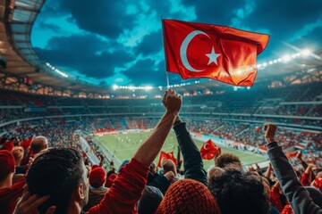 A group of people are holding Turkey flag. Football fans or spectators