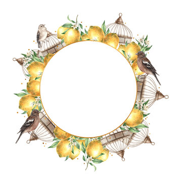 Yellow lemons, green leaves, bronze vintage cage and realistic birds. Isolated watercolor vintage wreath with golden elements. Drawn for decoration of cards, wedding design, invitations, packaging.