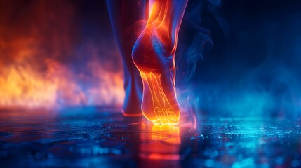 Conceptual image of joint diseases: hallux valgus, plantar fasciitis, heel spur. Depicts a woman's leg in pain, emphasizing foot health issues.