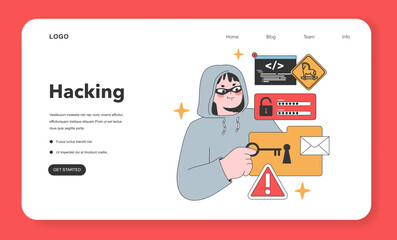 A clandestine hacker in a hoodie with sneaky eyes effortlessly bypasses security, gaining unauthorized access to digital files, warning signs in tow. Flat vector illustration - obrazy, fototapety, plakaty