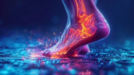Conceptual image of joint diseases: hallux valgus, plantar fasciitis, heel spur. Depicts a woman's leg in pain, emphasizing foot health issues. - obrazy, fototapety, plakaty