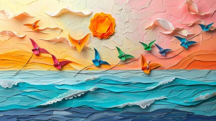 Colorful kites over a 3D clay beach, abstract geometric sea waves, sun setting