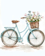 Watercolor clipart of a blue bicycle with basket of flower