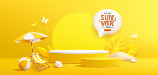 Summer yellow podium sale, beach umbrella and beach reclining chair, pile of sand, tropical leaf, banner design on yellow background. EPS 10 Vector illustration
