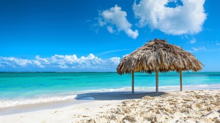 Coastal Charm A charming Tiki Hut with a straw roof is the perfect setting for this beachy backdrop complete with a clear blue sky . .