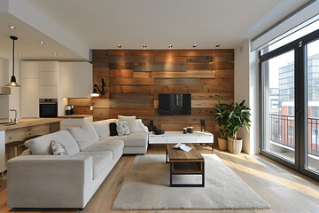 Fototapeta premium Stylish contemporary design of modern apartment in Scandinavian style white and wood colors 