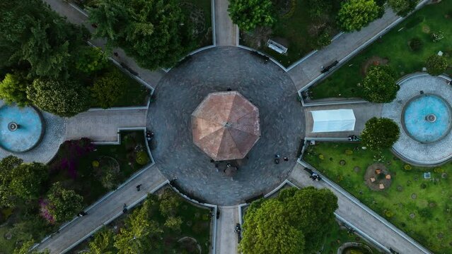 Top down drone shot above the Ju&aacute;rez Park, sunset in Huamantla, Tlaxcala, Mexico