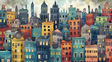 Colorful, whimsical illustration of a dense, eclectic cityscape with a variety of building styles...