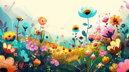 Illustration of a vibrant, colorful meadow with a variety of stylized flowers and plants, evoking a whimsical, enchanting atmosphere.