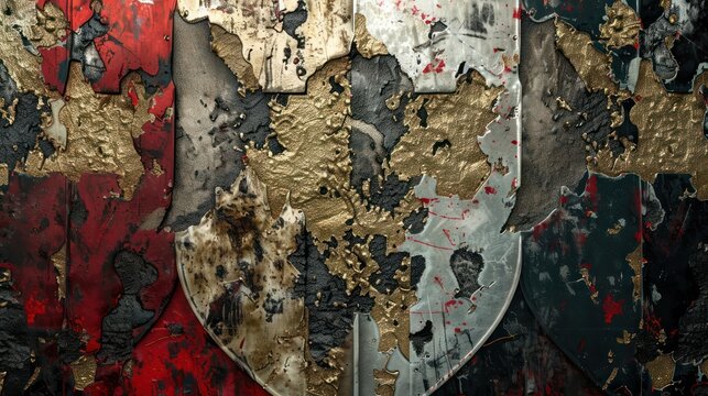 Abstract textured art with metallic gold, silver, and red tones resembling weathered shields or peeling layers of urban wall graffiti.
