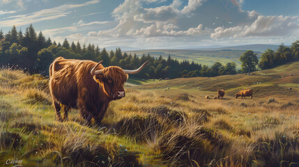 Highland cattle grazing peacefully in a grassy - obrazy, fototapety, plakaty