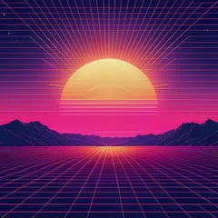 Fotobehang Roze Retro background with laser grid, abstract landscape with sunset and star sky. Vaporwave, synthwave 80s cyberpunk style illustratio - generated by ai