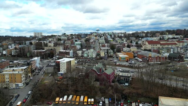 Aerial View of Downtown Yonkers on a Cloudy Day
