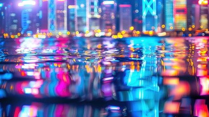 A vibrant cityscape at night reflected on water surface, showcasing a kaleidoscope of neon lights and skyscraper silhouettes.