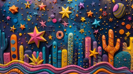 Vibrant, star-filled 3D clay landscape, abstract geometric constellations dominating the scene