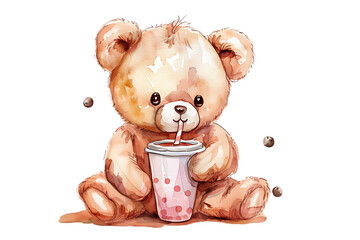 A watercolor teddy bear girl riding a bicycle, Pink color, clipart, white background