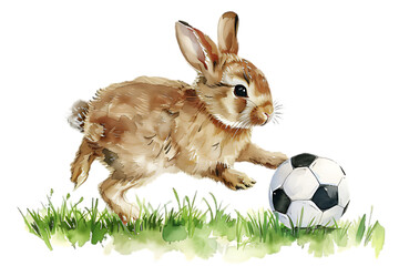 A watercolor bunny playing football, clipart, white background