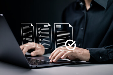 Businessman using laptop to Approve document icon on virtual screen for business process workflow illustrating management approval and and project approve concept. - obrazy, fototapety, plakaty